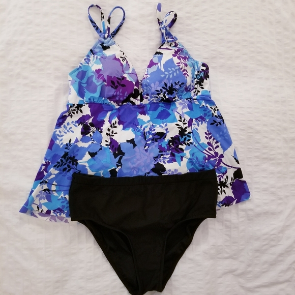 Two Piece Trikini Blue Floral Black Bathing Suit Swim - Picture 1 of 8